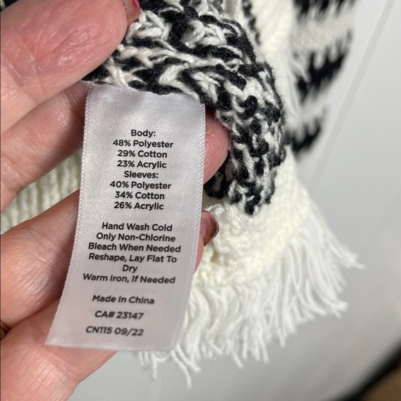Talbots Womens Mixed Knit Open Front Cardi L Black White Texture Fringe Hemline - Picture 8 of 13